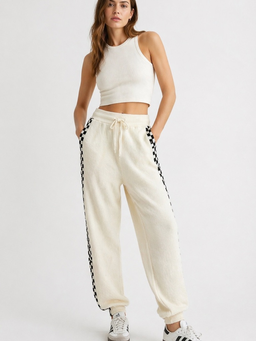 Stella McCartney Cream Joggers with Black Check Side Stripe
